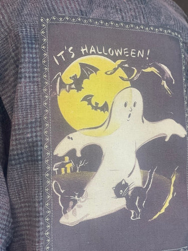 BOO! Ghost Art Flannel- Distressed Grey Plaid